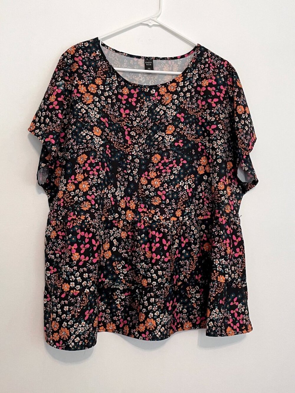 EMERY ROSE SHEIN Plus Size Black Pink Floral Short Sleeve Peplum Babydoll Blouse